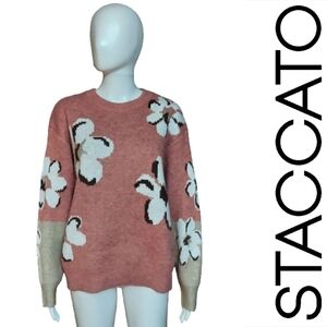 Staccato Floral Intarsia Knit Two Tone Crew Neck Sweater